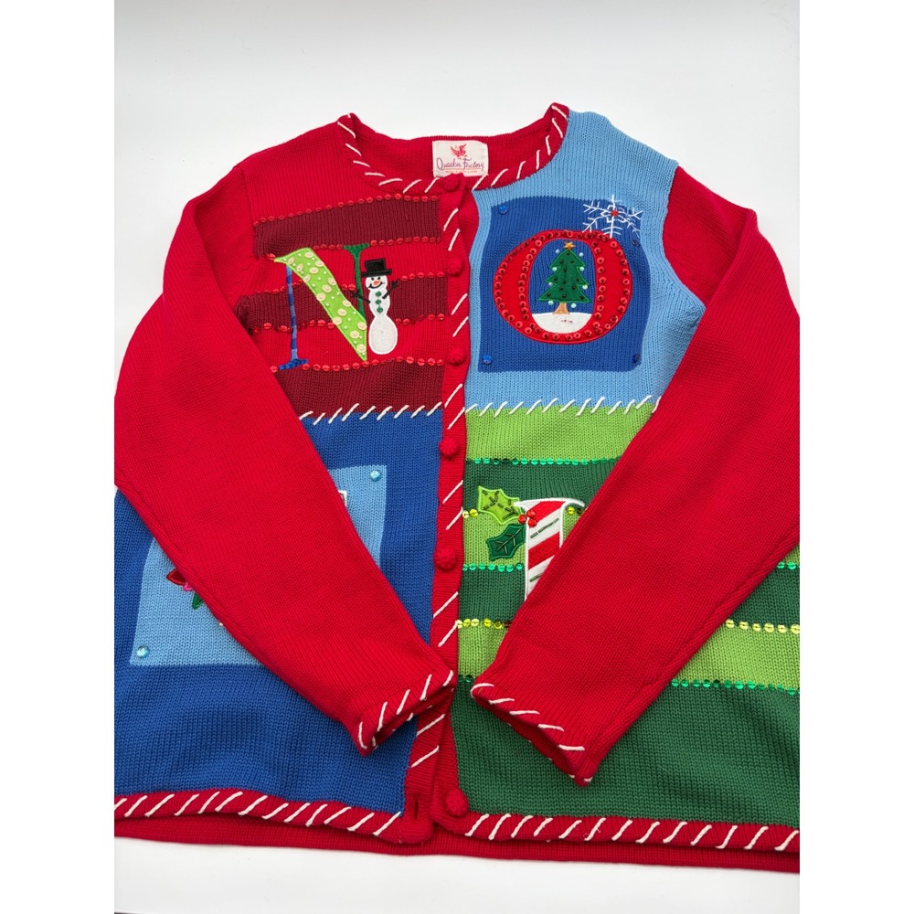 Quacker Factory Noel Christmas Cardigan Sweater Red Blue Green Sequin Women L